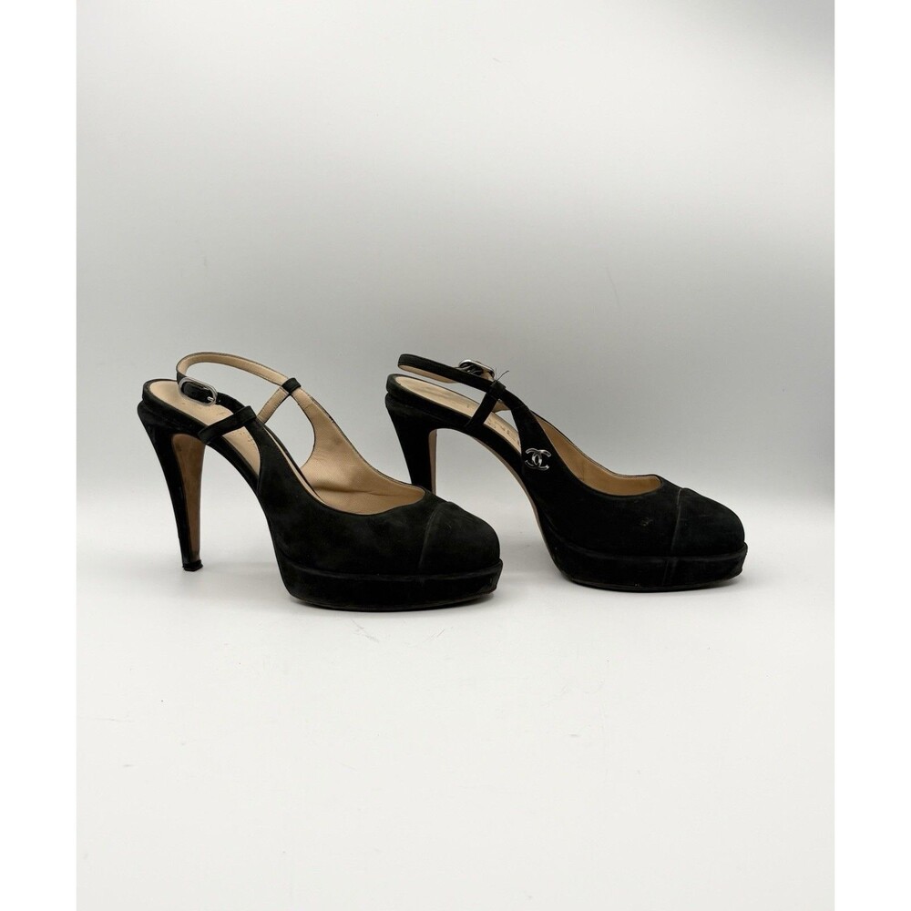 Chanel Black Suede Slingback Platform Cap Toe Heels Silver CC Logo Size EU 37.5